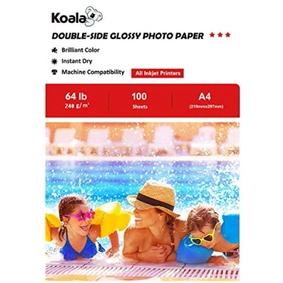 Image of KOALA Double Sided Glossy Inkjet Photo Paper A4, 240gsm, 100 Sheets for Printers. Suitable printing Photos, Brochures, Covers, Certificates, Booklets, Flyers, Leaflets, Cards, Calendars