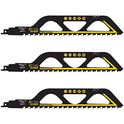 Image of 3 x SabreCut SCRS1243HM_3 Tungsten Carbide 305mm 2 TPI S1243HM Medium Bricks Poroton Fibre Cement Concrete Straight Cutting Reciprocating Sabre Saw Compatible with Bosch Dewalt Makita and many others