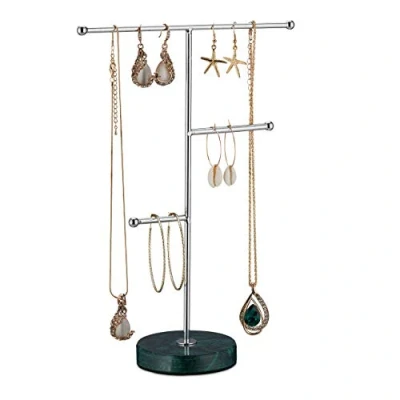 Image of Relaxdays Jewellery Stand, Chains, Earrings, Bracelets, 3 Bars, H x W D 26.5 19 8 cm, Iron, Marble, Green/Silver