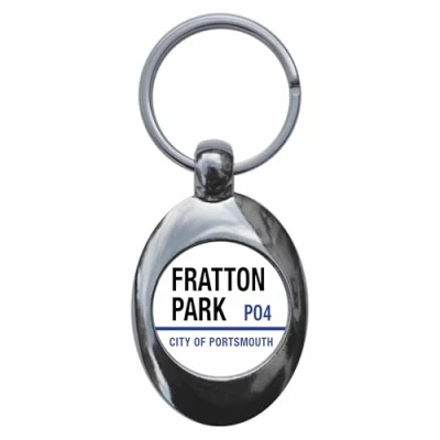 Image of Fratton Park City Of Portsmouth PO4 Road Sign Keyring Keychain Key Ring Chain With Trolley Coin