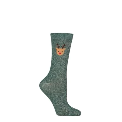 Image of Women&#039;s 1 Pair SOCKSHOP Wildfeet Bamboo Christmas Gift Boxed Socks Green Rudolph 4 8