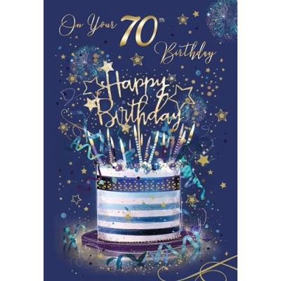 Image of Cherry Orchard Happy 70th Birthday Card with Cake Design and Gold Foil finish Envelope from Grayson Range