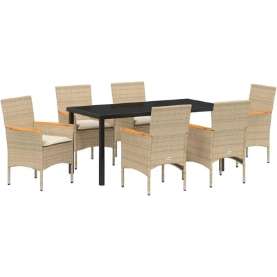 Image of vidaXL 7 Piece Garden Dining Set with Cushions Beige Poly Rattan