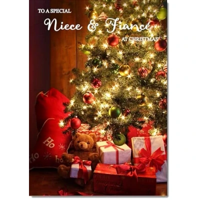 Image of doodlecards Niece and Fiance Christmas Card Teddy by Tree Medium Size for &amp; with Plain Envelope