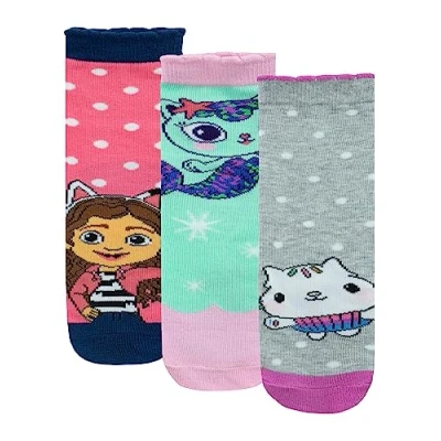 Image of Gabby’s Dollhouse Socks 3 Pack Mercat and Cakey Cat Girls of Cotton 3pk Multicoloured Kids Official Merchandise Size 6 8