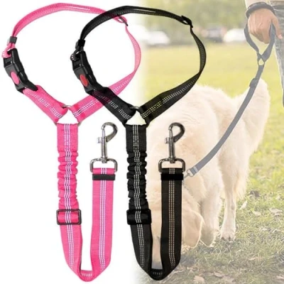 Image of DOETYD 2PCS Dog Car Seat Belt Adjustable Pet Pillow Harness，Cushioned Leash，Nylon Durable Elastic Leash，Restraint Safety Leash (Black+Pink)
