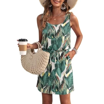 Image of WNEEDU Summer Dresses Women UK Darwstring Beach Emprie Waist Sundresses with Pockets Leaf Print 2XL