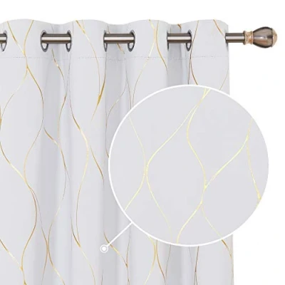 Image of Deconovo Home Decoration Eyelet Room Darkening Curtains, Gold Wave Foil Printed Energy Saving Curtains for Living Room, W52 x L72 Inch (Width Length), Silver Grey, One Pair