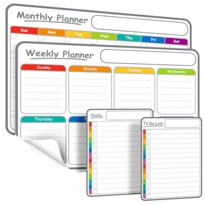 Image of 4 Pack Non Magnetic Whiteboard Calendar Set Monthly, Weekly, Daily, to Do List Planner Dry Erase Board for Fridge, Wall, Glass, Door Family, Office, Classroom Schedule Organiser