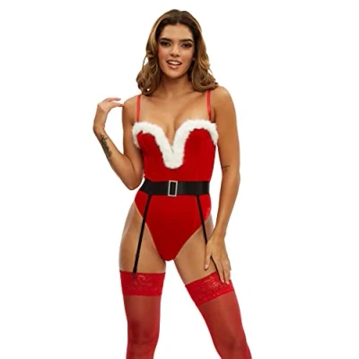 Image of Ann Summers Sexy Santa Plunge Bodysuit, Red Velvet Lingerie Costume, Costume for Women Padded Bra with Suspender Belt Detail, Christmas