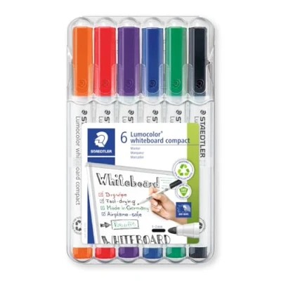 Image of STAEDTLER 341 WP6 Lumocolor Compact Whiteboard Marker, 1 2mm Line Width 6 Assorted Colours (Pack of Pens)