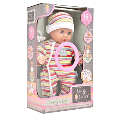 Image of John Adams Tiny Tears Teeny Baby 30cm soft bodied doll with 16 interactive sounds: One of the UK&#039;s best loved brands! Nurturing Dolls Ages 10m+