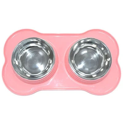 Image of DOUBLE PET FEEDING STAINLESS STEEL BOWL WITH PLASTIC FEEDER DOG/CAT/ANY SMALL ANIMAL FOOD/WATER DISH (Pink)
