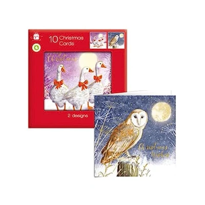 Image of Giftmaker Pack 10 Square Christmas Cards Family Friends 2 Designs Geese &amp; Owls