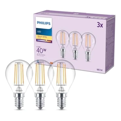 Image of Philips Classic P45 LED Bulb, 40 W, Clear, E14 Socket, Warm White 2700 K, 3 Pack