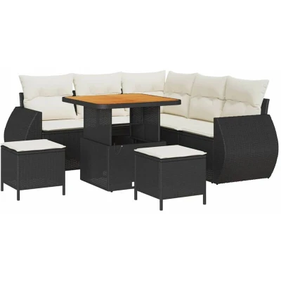 Image of vidaXL 8 Piece Garden Sofa Set with Cushions Black Poly Rattan Acacia