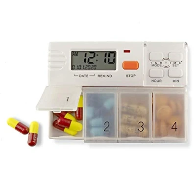 Image of Tabtime 4 Daily Pill Box with Timer and Alarms per Day &amp; Extra Large compartments