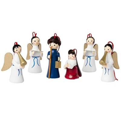 Image of BRUBAKER 6 Piece Set Christmas Tree Pendants Mary and Joseph with Angels Natural Wooden Ornaments Hand Painted for the Made in Germany