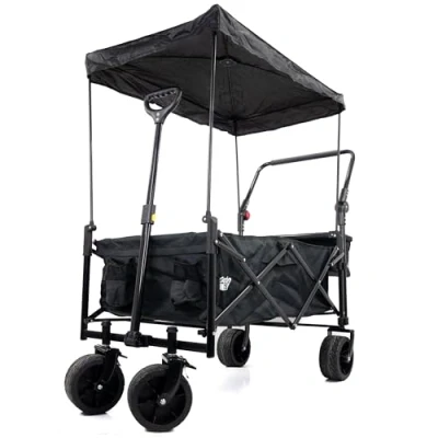 Image of GardenTek Folding Trolley Cart on Wheels, Festival Wagon for Camping Garden Beach Shopping Outdoor with Brakes, Canopy and Side Box 90kg Load 120L Capacity