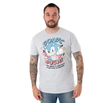 Image of Sonic THE HEDGEHOG Mens T Shirt Sushi Short Sleeve Graphic Tee for Adults Grey Top Gamers Lightweight Fashion Crewneck Gaming Merchandise Gift Him