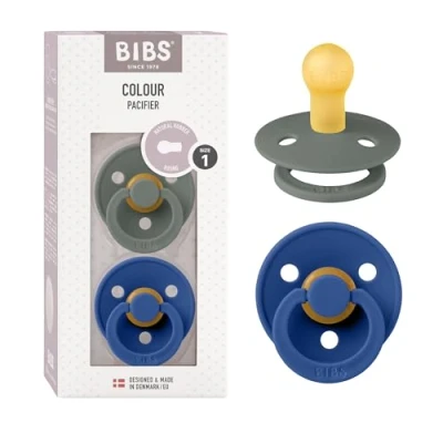 Image of BIBS Colour Soother 2 Pack, BPA Free Dummy Pacifier, Round Nipple. Natural Rubber Latex, Made in Denmark, Size 1 (0 6 Months), Pine/Cornflower