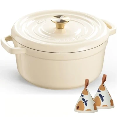 Image of Overmont 26cm Enameled Cast Iron Dutch Oven 5L Pot with Lid Cookbook &amp; Cotton Potholders Heavy Duty Cookware for Braising, Stews, Roasting, Bread Baking burgundy, White