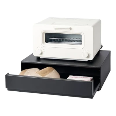 Image of Yamazaki 2008 TOWER Sliding Countertop Tray With Drawer, Black, Steel/Polypropylene/Silicone, Minimalist Design, 45 x 39.3～64 13.5 cm (LxWxH)