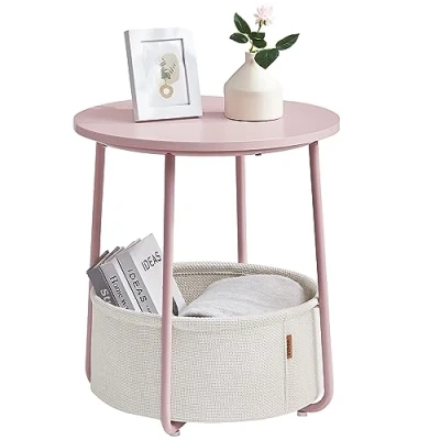 Image of VASAGLE Side Table, Round End Table with Fabric Basket, Spacious, for Living Room Bedroom, Bedside Modern Style, Pastel Pink and Cloud White LET223R61