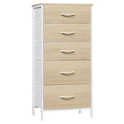 Image of WOLTU Chest of Drawers, Fabric Storage Drawer Unit with 5 Organiser Drawers for Bedroom, Playroom, Closet, Living Room, Light Oak Effect+White Metal Frame, SSK004whe UK