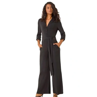 Image of Dusk Fashion Button Through Belted Stretch Jumpsuit for Women UK Ladies Everyday Autumn Winter V Neckline Comfy Soft Evening Vacation Work Party Night Out Black Size 16