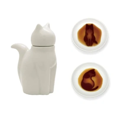 Image of EDOYA Cat Soy Sauce Dispenser &amp; 2 Small Cat&#039;s Dishes (White)