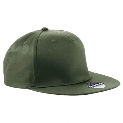 Image of Beechfield Authentic Flat Peak Snapback 5 Panel Baseball, Running Hat, All Round, Sports Accessories, Trucker, Sun Mens, Womens, Unisex 100% Cotton Twill Olive Green