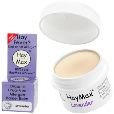 Image of HayMax Allergen Barrier Balm, Lavender 0.17 fl oz (5ml), Organic, Natural &amp; Non Drowsy Allergy Relief Traps Pollen, Dust Pet Hay Fever Relief, Cedar Ragweed