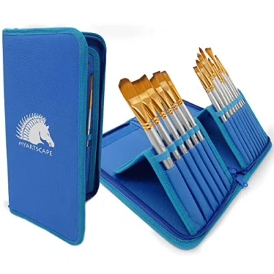 Image of MyArtscape Paint Brushes 15 Pc Art Brush Set for Watercolor, Acrylic, Oil &amp; Face Painting Short Handle Artist Paintbrushes with Travel Holder 1 Year Warranty (Cool Blue)