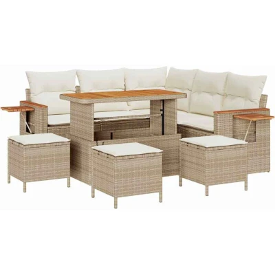 Image of vidaXL 9 Piece Garden Sofa Set with Cushions Beige Poly Rattan Acacia