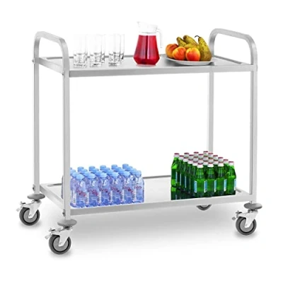 Image of Royal Catering RCSW 3E Serving Trolley (2 Shelves, 60 cm Distance in Between, Vibration Proof Swivel Rolls, 2 Brakes, up to 160 kg, Stainless Steel)