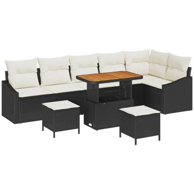 Image of vidaXL 9 Piece Garden Sofa Set with Cushions Black Poly Rattan Acacia