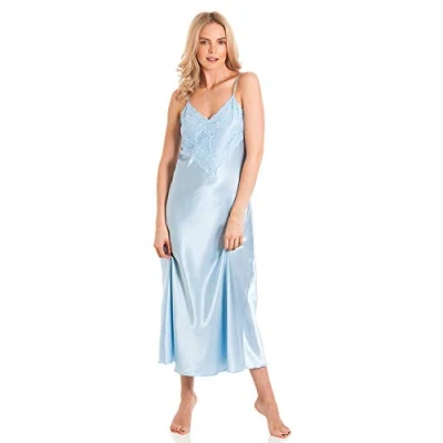Image of Undercover Womens Satin &amp; Deep Lace Long Chemise Nightdress N50 Pale Blue WX