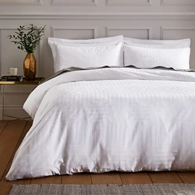 Image of Bianca Fine Linens Bedding Satin Geo Jacquard Cotton King Duvet Cover Set with Pillowcases White