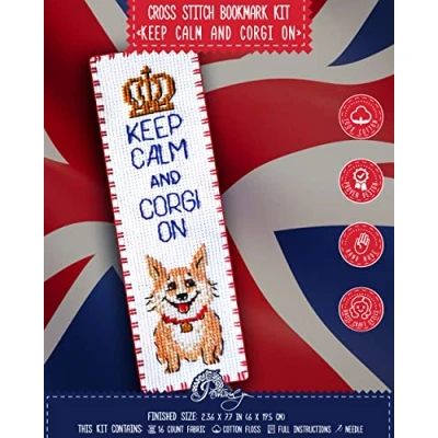 Image of Povitrulya Counted Cross Stitch Kit &#039;Keep Calm and Corgi On&#039; DIY Embroidery Book Marker Set for Adults with Paper Pattern, 16 Count Aida Canvas Presorted Floss