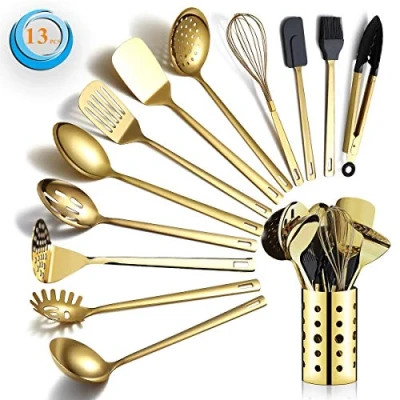 Image of Berglander Gold Cooking Utensils Set, Stainless Steel 13 Pieces Kitchen Set with Titanium Plating, Tools Utensil Holder, Dishwasher Safe, Easy to Clean