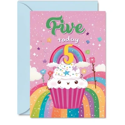 Image of 5th Birthday Card Girl Cupcake Rainbow Happy for 5 Year Old Girl, Age Girls Cards, A5 Bday Greeting
