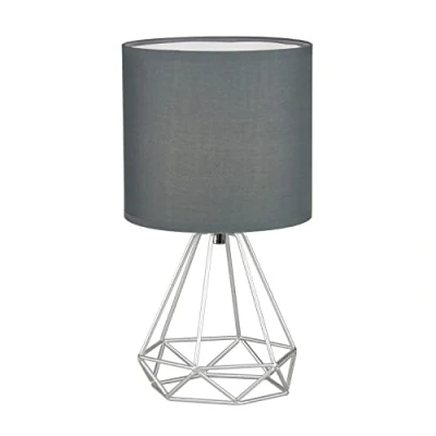 Image of firstchoicelighting Silver Table Lamp or Bedside Light, Modern Geometric Design, Grey Fabric Shade, 32cm Height, LED Compatible