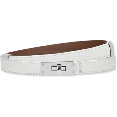 Image of baizhong Women Skinny Leather Belt Classic Solid Color Alloy Turn Lock Ladies Adjustable Slim Thin Waist （White/Silver）