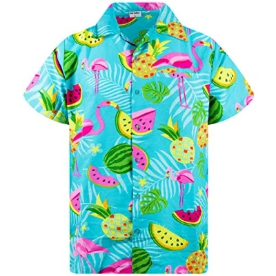 Image of King Kameha Hawaiian Shirt Men Fruit Designs Regular Short Sleeve, Flamingo Melon, Turquoise, XS
