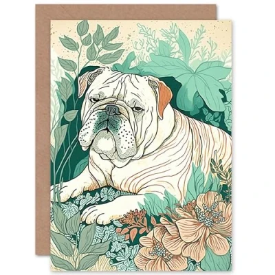 Image of Artery8 Bulldog Lying in a Flower Field Modern Pastel Colour Linocut Illustration Art Birthday Sealed Greeting Card Plus Envelope Blank inside