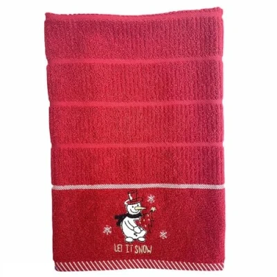 Image of Riggs Christmas Snowman &#039;Let It Snow&#039; 100% Cotton Three Pack Kitchen Tea Towels in Red for The Festive Season