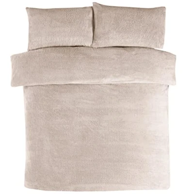 Image of Sleepdown Teddy Fleece Duvet Cover Quilt Bedding Set with Pillow Cases Thermal Warm Cosy Super Soft King Natural Ivory
