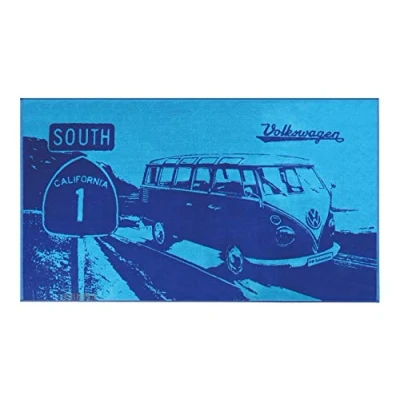 Image of BRISA VW Collection Volkswagen Beach Bath Sauna Towel in T1 Bus Campervan Design (Highway/Blue)