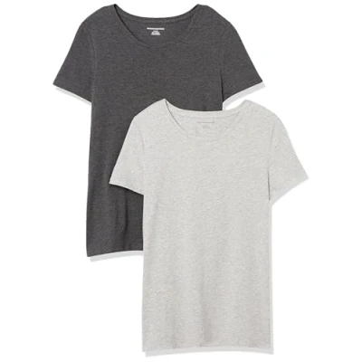 Image of Amazon Essentials Women&#039;s Classic Fit Short Sleeve Crewneck T Shirt, Pack of 2, Charcoal Heather/Light Grey Heather, S